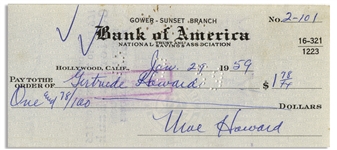 Moe Howard Lot of Two Checks Signed, Both Made Out to Shemp's Wife Gertrude Howard -- Dated 3 August 1956 and 29 January 1959 -- Very Good Condition